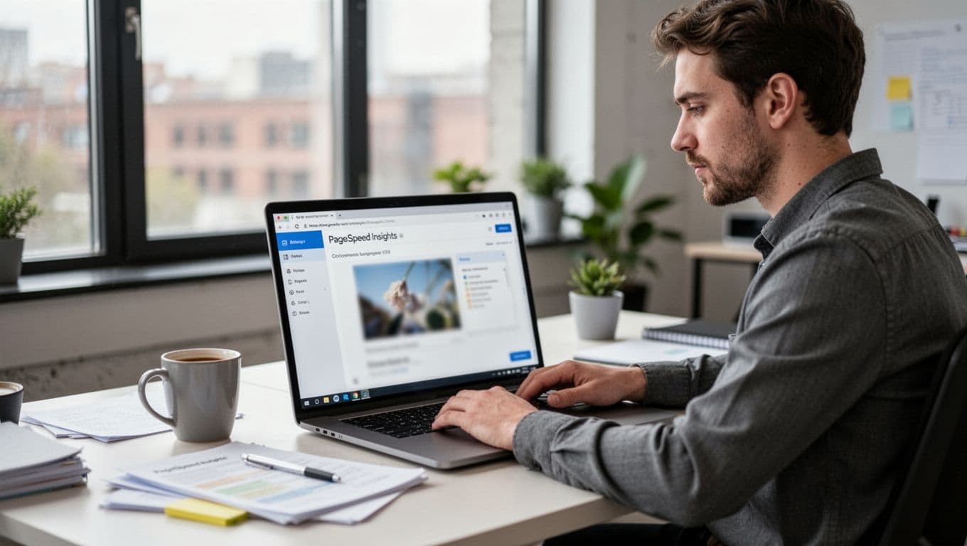 Photo-realistic image of a focused digital marketer in a modern office, sitting at a desk with a laptop displaying a blurred PageSpeed Insights report while vaguely compressing an image file, accompanied by a coffee mug and notes under natural window light.