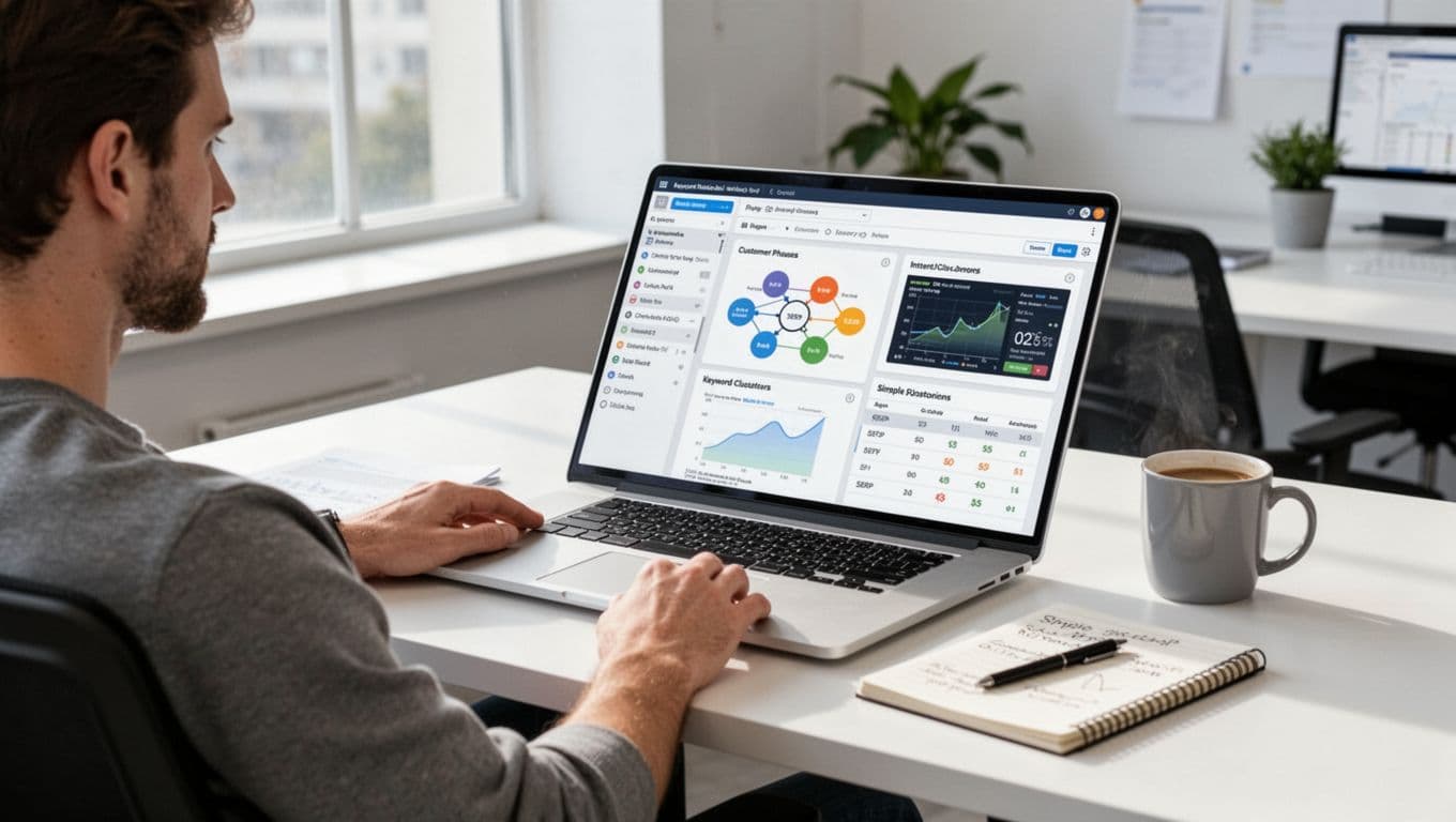 A single relaxed digital marketer seated at a desk in a bright modern office, with a laptop displaying a keyword research workflow dashboard including customer phrases, intent clusters, SERP screenshot, and scoring table, notepad and coffee mug nearby, natural daylight.