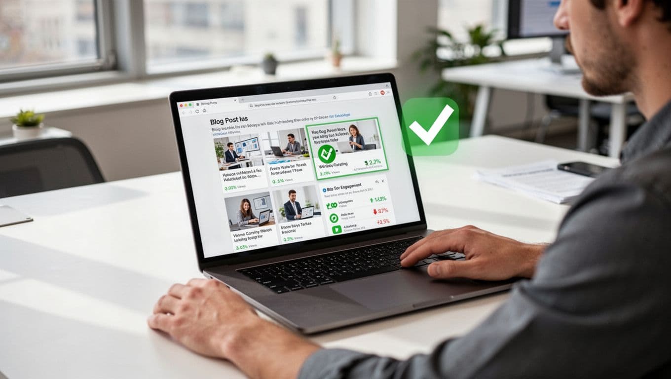 Photo-realistic image of a digital marketer at a modern desk in a bright office, reviewing blog post thumbnails with views and engagement metrics on a laptop screen, one post highlighted with a green checkmark, natural daylight lighting, focused on laptop and hands.
