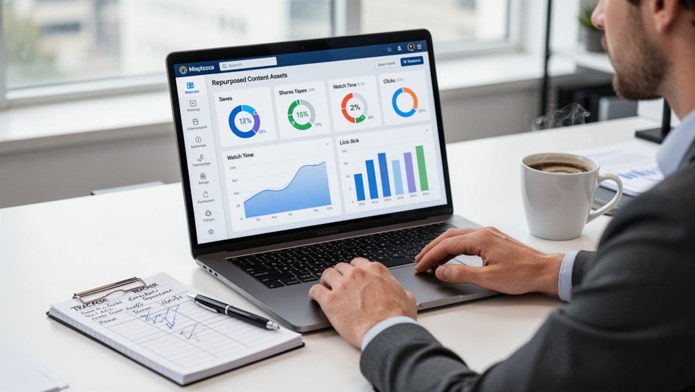 Photo-realistic image of a digital marketer at a desk reviewing a performance metrics dashboard for repurposed content assets, with charts showing saves, shares, watch time, and clicks on a focused laptop screen, notepad with notes, coffee, in a bright office.