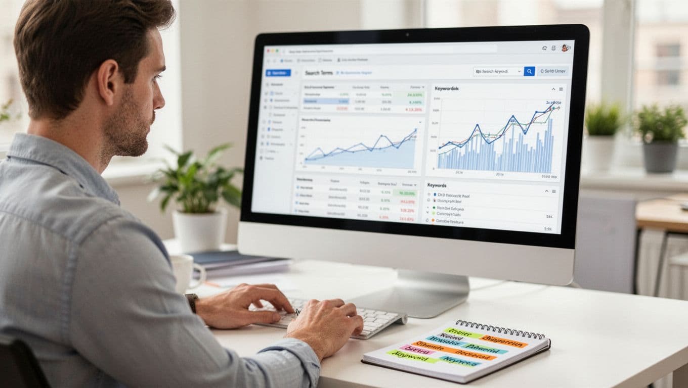 A digital marketer in a bright workspace attentively reviews search term reports and keyword graphs on a computer screen, with a notepad of highlighted terms nearby. Photo-realistic image with soft natural lighting, high detail, and landscape composition featuring one person only.