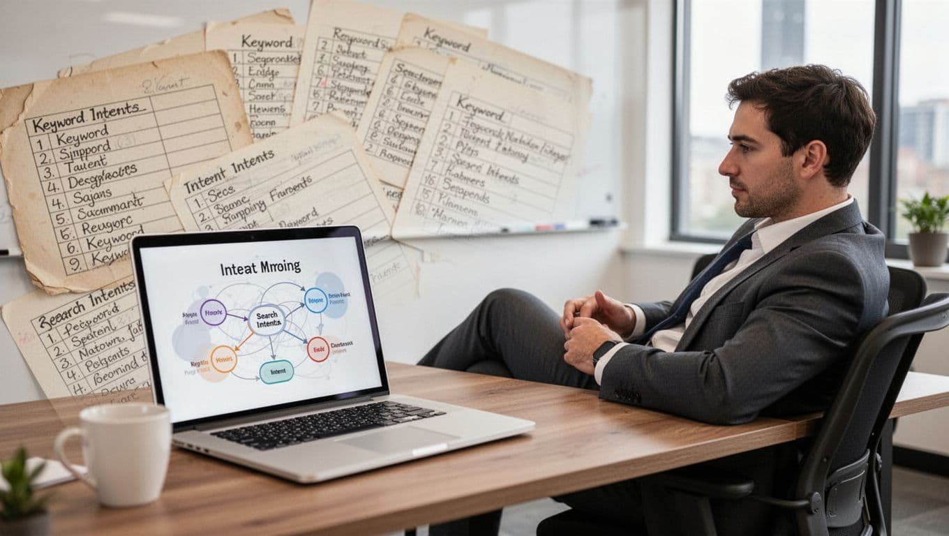 Photorealistic image of a single digital marketer seated relaxed in a modern office, viewing an abstract search intent mapping flowchart on a laptop screen, with faded background of scattered old paper keyword lists on the desk and natural daylight from a window.