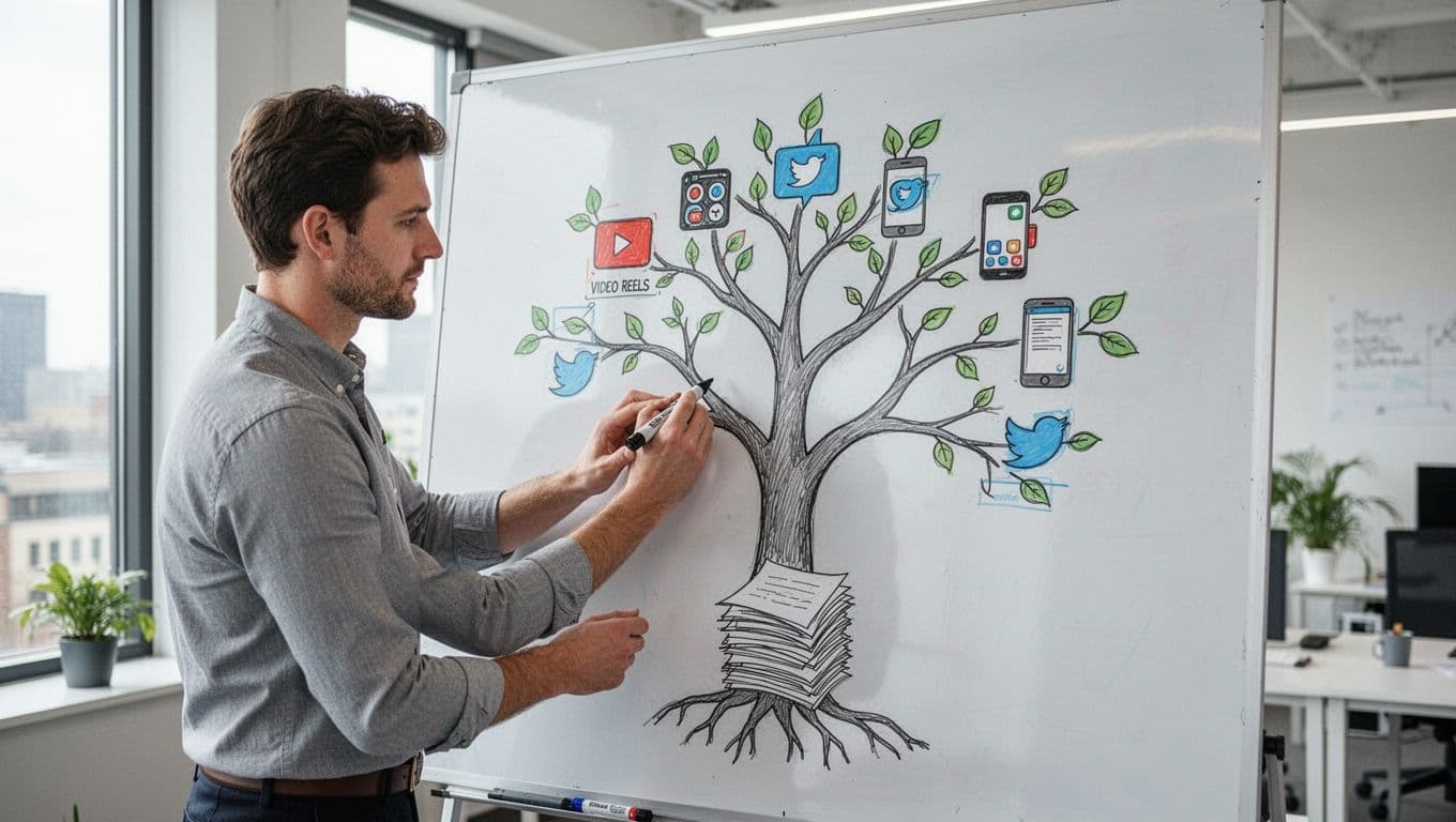Photo-realistic image of a digital marketer in a bright modern office, standing at a whiteboard and sketching a tree diagram representing content strategy: trunk as core blog post, branches as video reels and social carousels, leaves as micro posts like tweets.