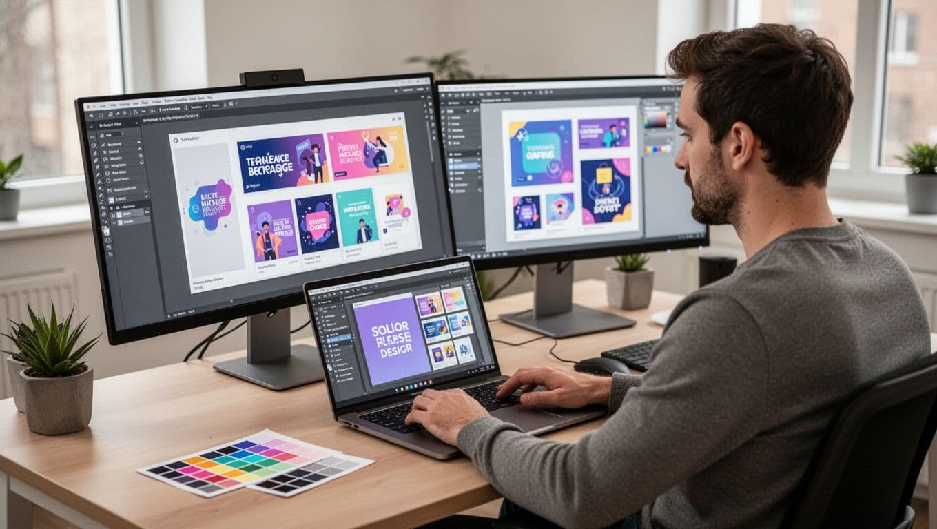 Photo-realistic image of a digital marketer in their 30s using a template-based design tool on a laptop for creating marketing graphics like carousels and thumbnails in a modern workspace with dual monitors and color swatches.