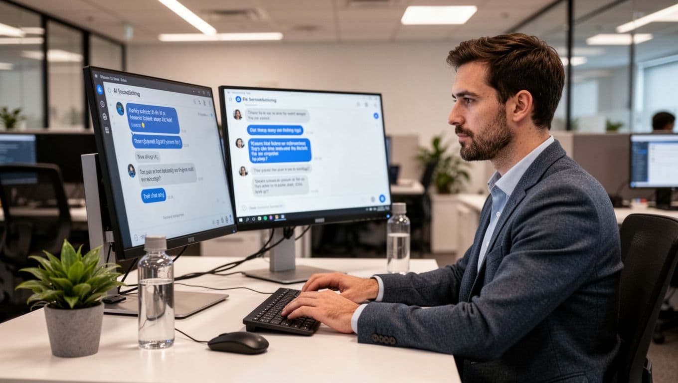 Photo realistic image of a 30s male digital marketer at an office desk with dual monitors, one displaying an AI chat interface, typing a prompt on the keyboard in a relaxed pose amid desk accessories.