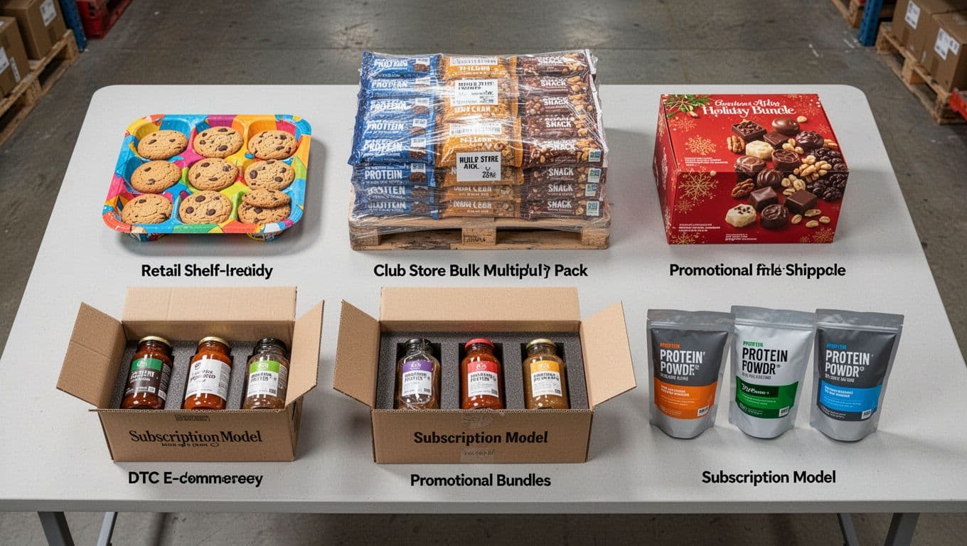 Top-down view of five distinct custom food packaging examples arranged on a clean warehouse table, including retail cookie tray, club store snack bars multipack, promotional holiday bundle, DTC shipping box for sauce jars, and subscription protein pouches.