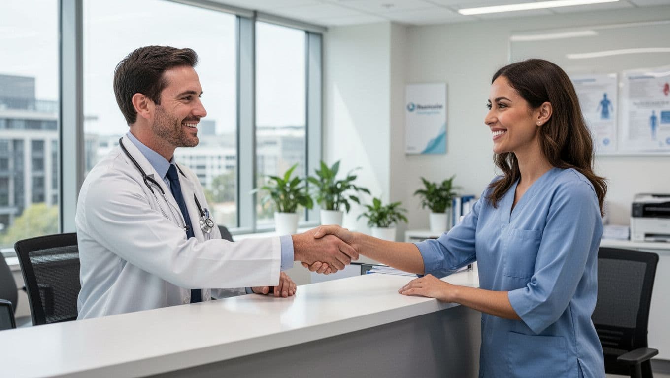 A doctor and smiling patient shake hands across a reception desk in a bright modern healthcare office, expressing professional trust with natural window lighting.