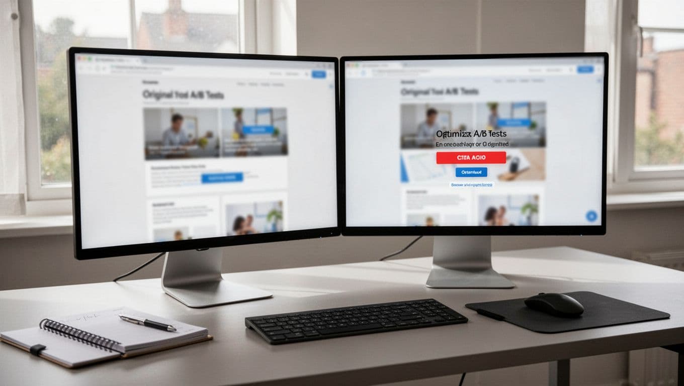 Photo realistic image of dual computer monitors on a modern desk showing side-by-side A/B test webpage variants, one original and one optimized with prominent CTA button, keyboard, mouse, and planner nearby, daylight lighting, no people, blurred screens.