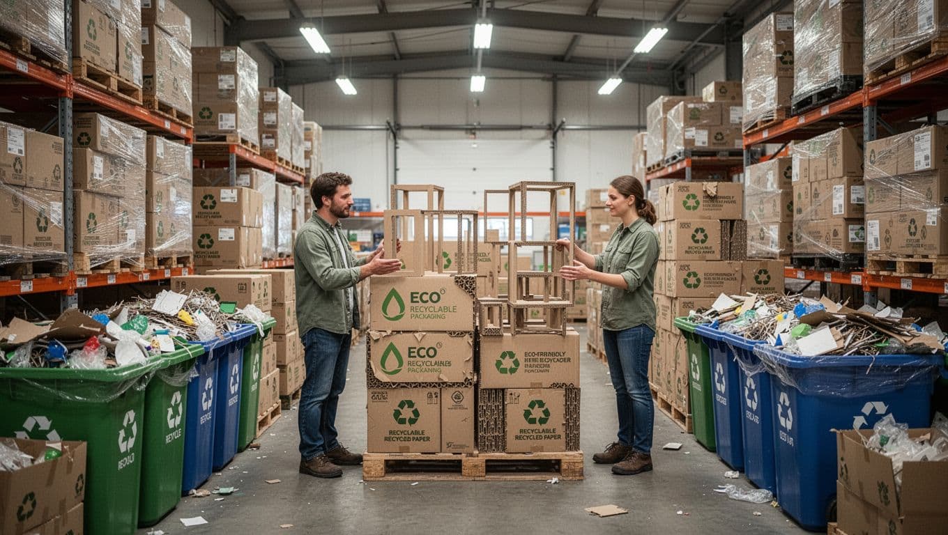 Photorealistic warehouse scene featuring stacks of eco-friendly recyclable packaging boxes made from recycled paper and minimal plastic, recycling bins filled with sorted materials, and two workers inspecting lightweight cardboard structures under soft fluorescent lights.