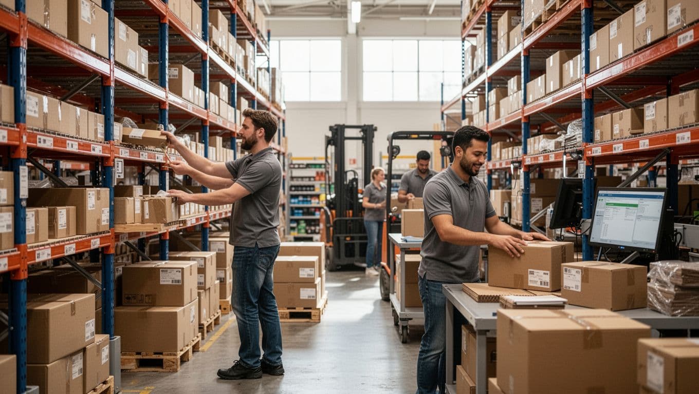 In a busy ecommerce fulfillment warehouse, two workers efficiently handle storage and shipping: one picks items from organized shelves, the other packs boxes for delivery, surrounded by modern equipment and natural daylight.