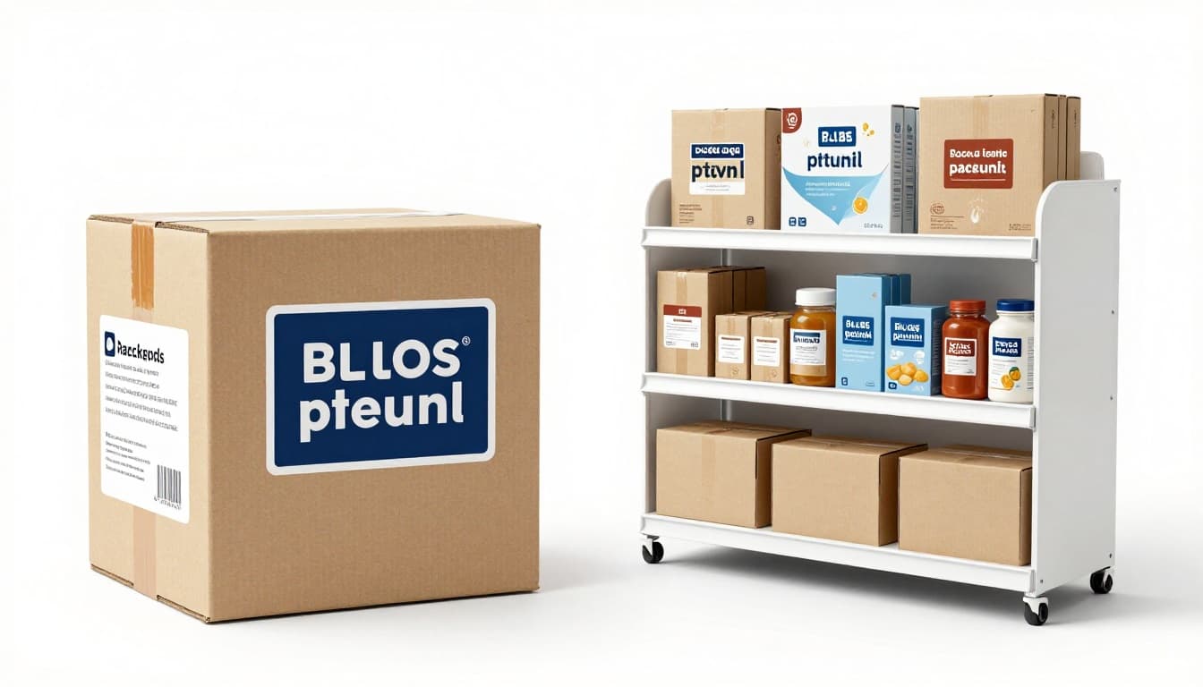 Split scene contrasting e-commerce padded shipping box with tape and label on the left, and retail-ready shelf display with multiple products on the right; clean white background, photorealistic product photography style.