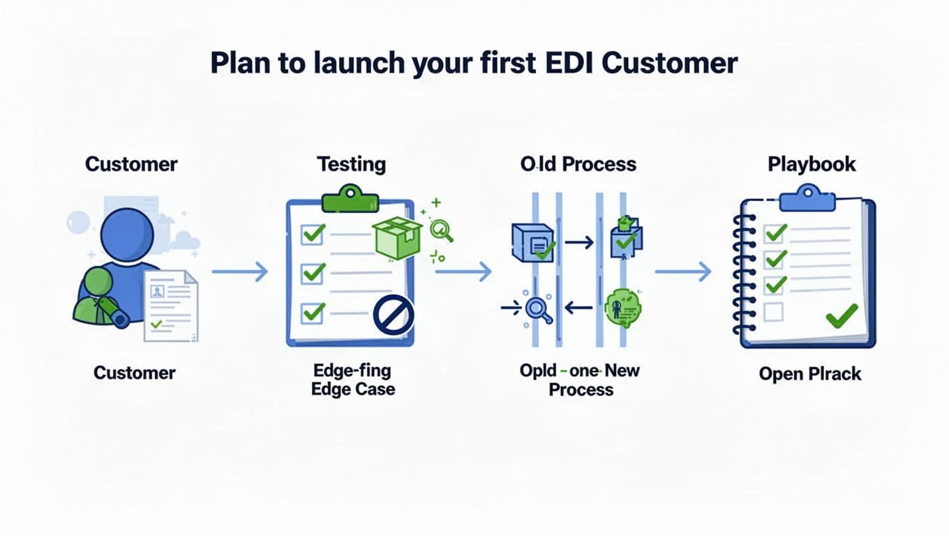 Clean landscape flowchart with four icons connected by arrows depicting steps to launch first EDI customer: customer with documents, testing checklist with edge cases, parallel old and new processes, and playbook with checkmarks, in modern flat blue and green tones on white background.