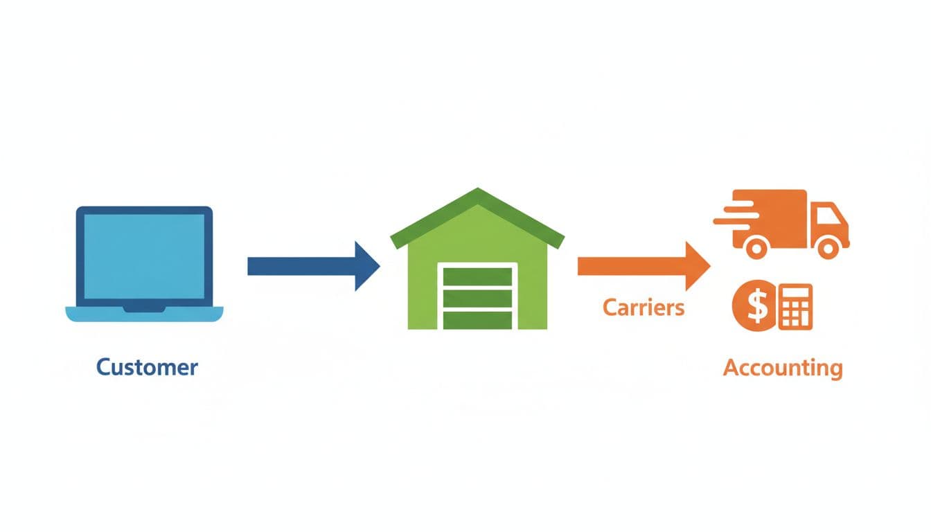 Simple icons in a flowchart depicting customer laptop sending data to a central WMS warehouse, which splits to truck carrier and accounting icons. Modern flat design in blue, green, and orange tones, landscape composition with straight arrows and no text or extra elements.