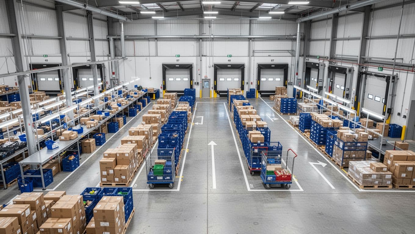 Modern warehouse layout with packing stations adjacent to shipping docks, organized staging lanes for totes and cartons, replenishment carts parked nearby with clear access paths and no congestion, in bright daylight.