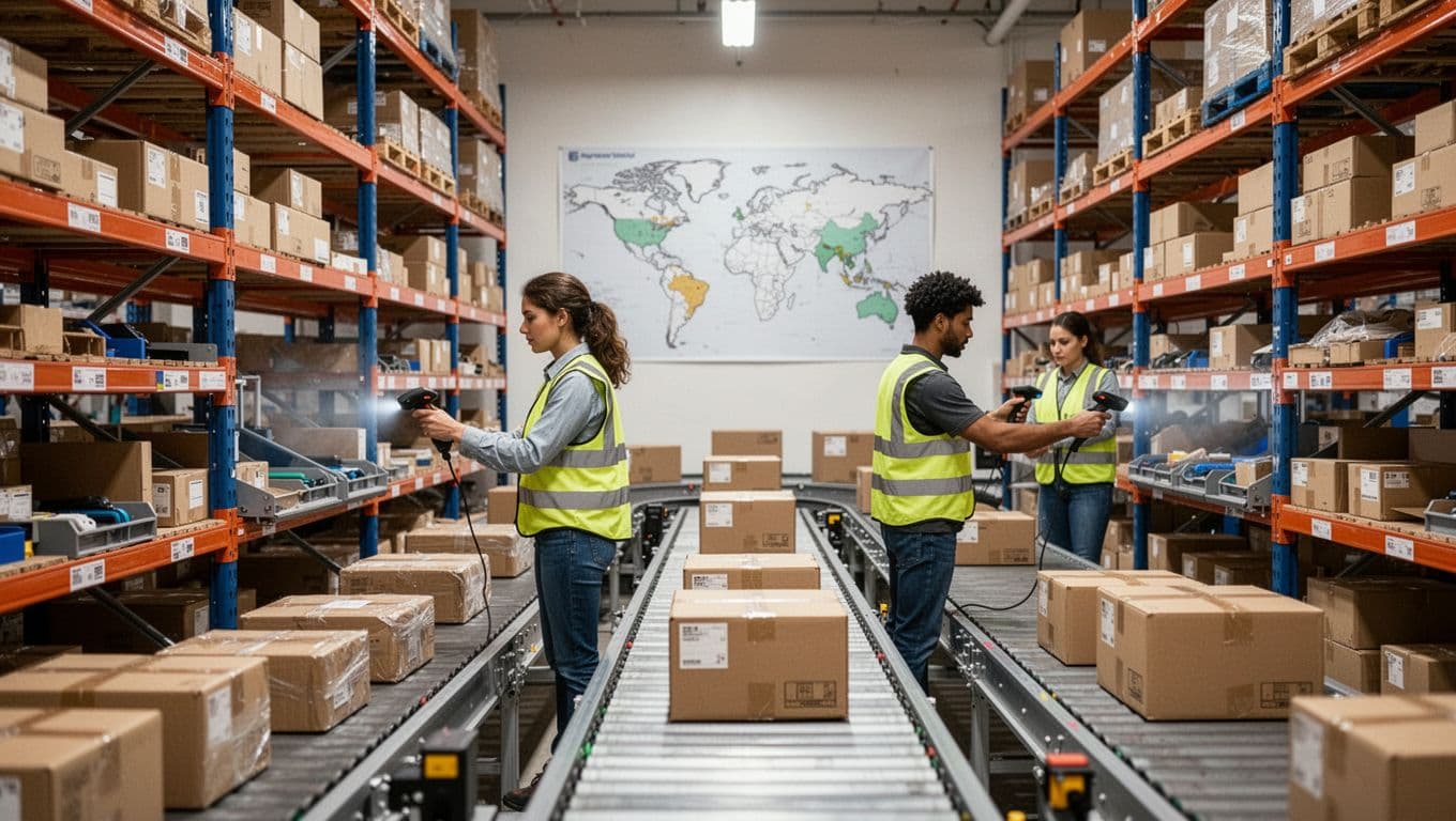 Efficient warehouse interior featuring two workers using handheld scanners to quickly pick orders from organized shelves, with packages moving on a conveyor to the shipping area under bright lighting.