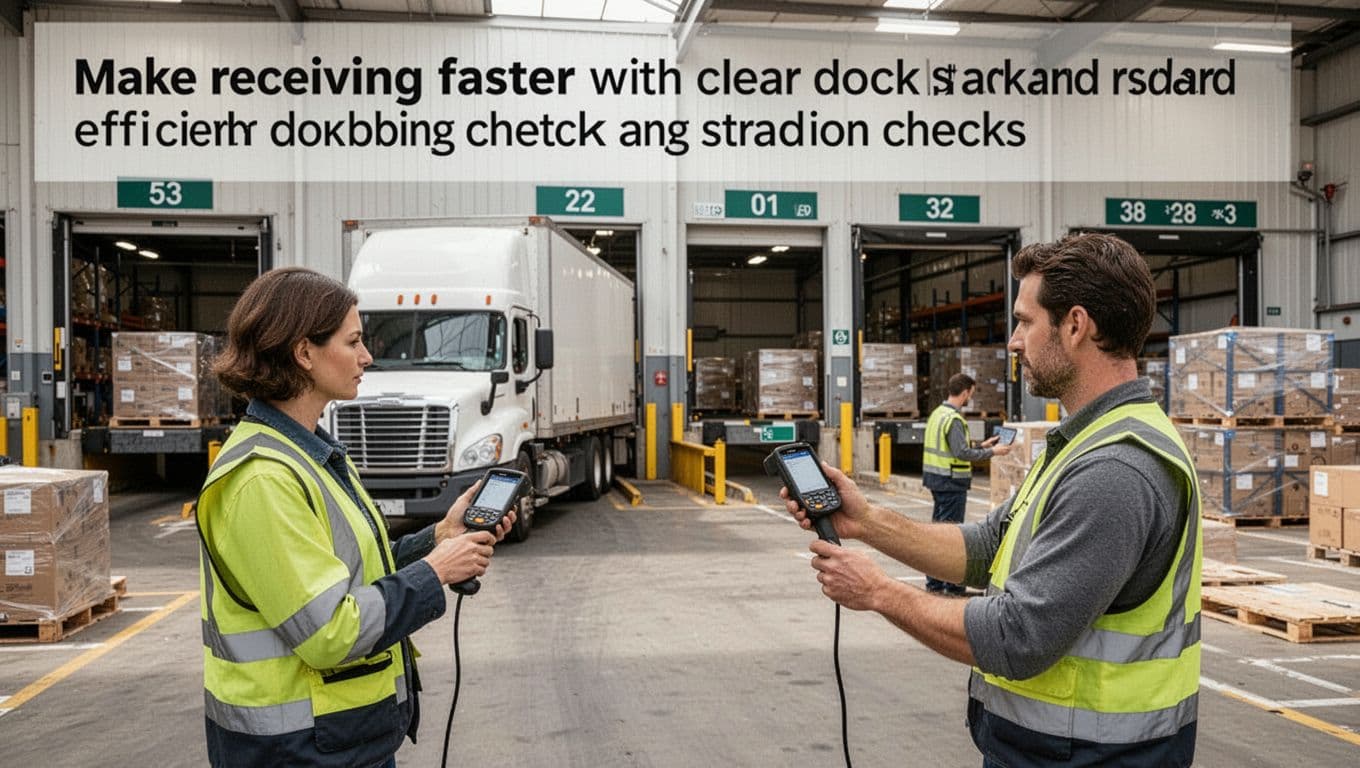 A realistic wide-angle photo of a warehouse receiving dock featuring one truck at a labeled bay, two workers scanning pallets with handheld devices, organized zones, clear signage, and a busy efficient atmosphere in natural daylight.