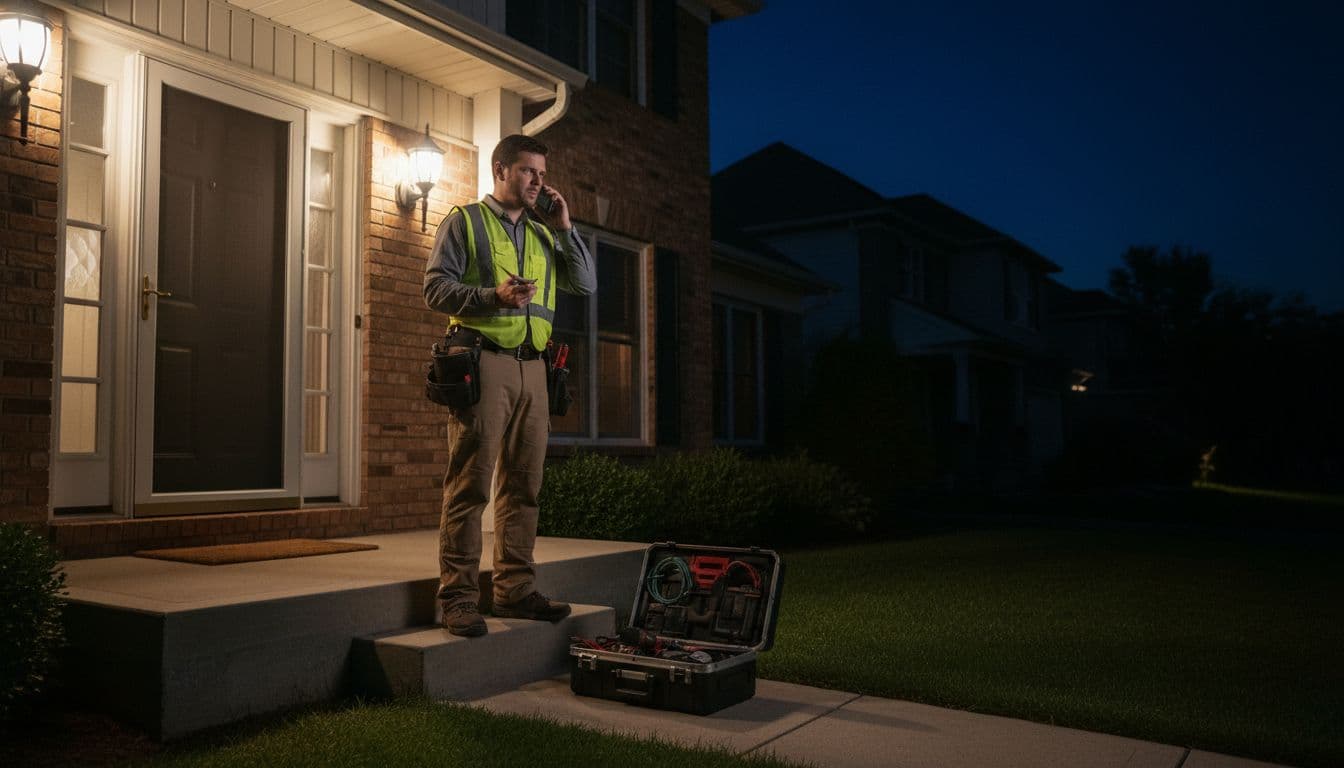 Electrician with toolkit at front door of house at night, phone to ear taking urgent job call, porch light on, dark sky, realistic scene.