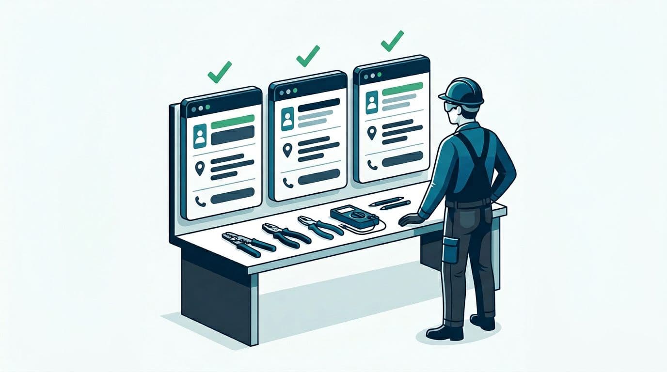 Electrician checking exact matching name, address, and phone across three directory listing panels with green checkmarks and tools on desk. Minimalist vector style with subtle 3D accents in high contrast blues, teals, and charcoal on light background.