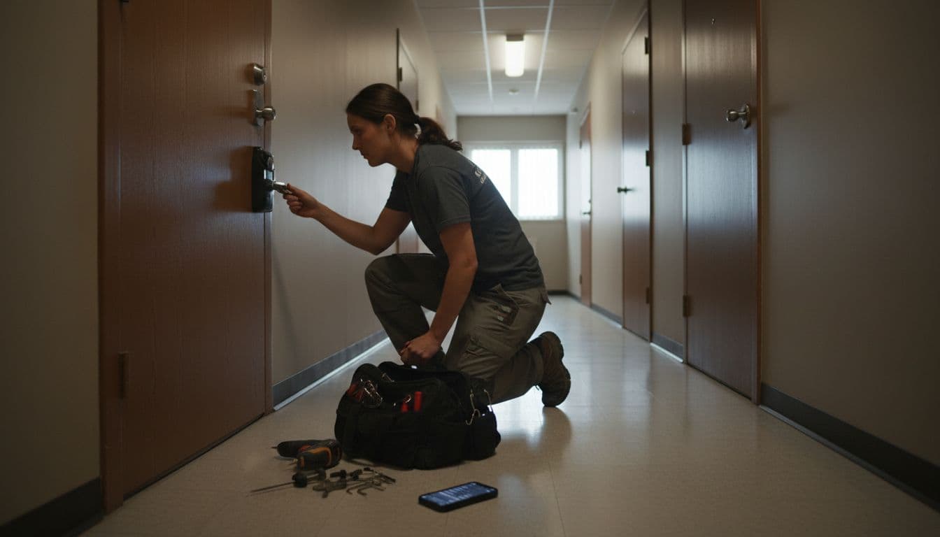 A locksmith kneels urgently at a locked door in an apartment hallway, surrounded by tools and a nearby phone after a service call, under realistic indoor lighting.