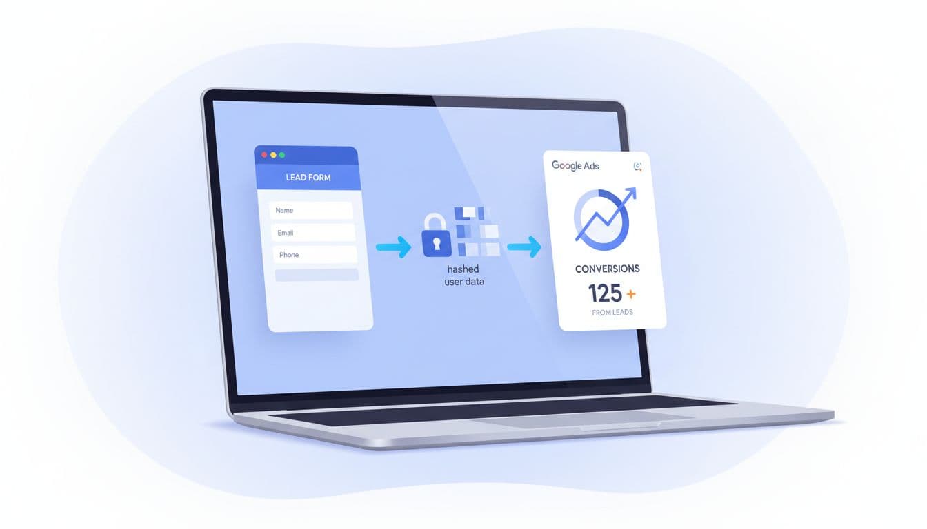 Clean modern illustration of enhanced conversions concept showing data flow from website lead form to Google Ads dashboard with hashed user data and conversion increase.