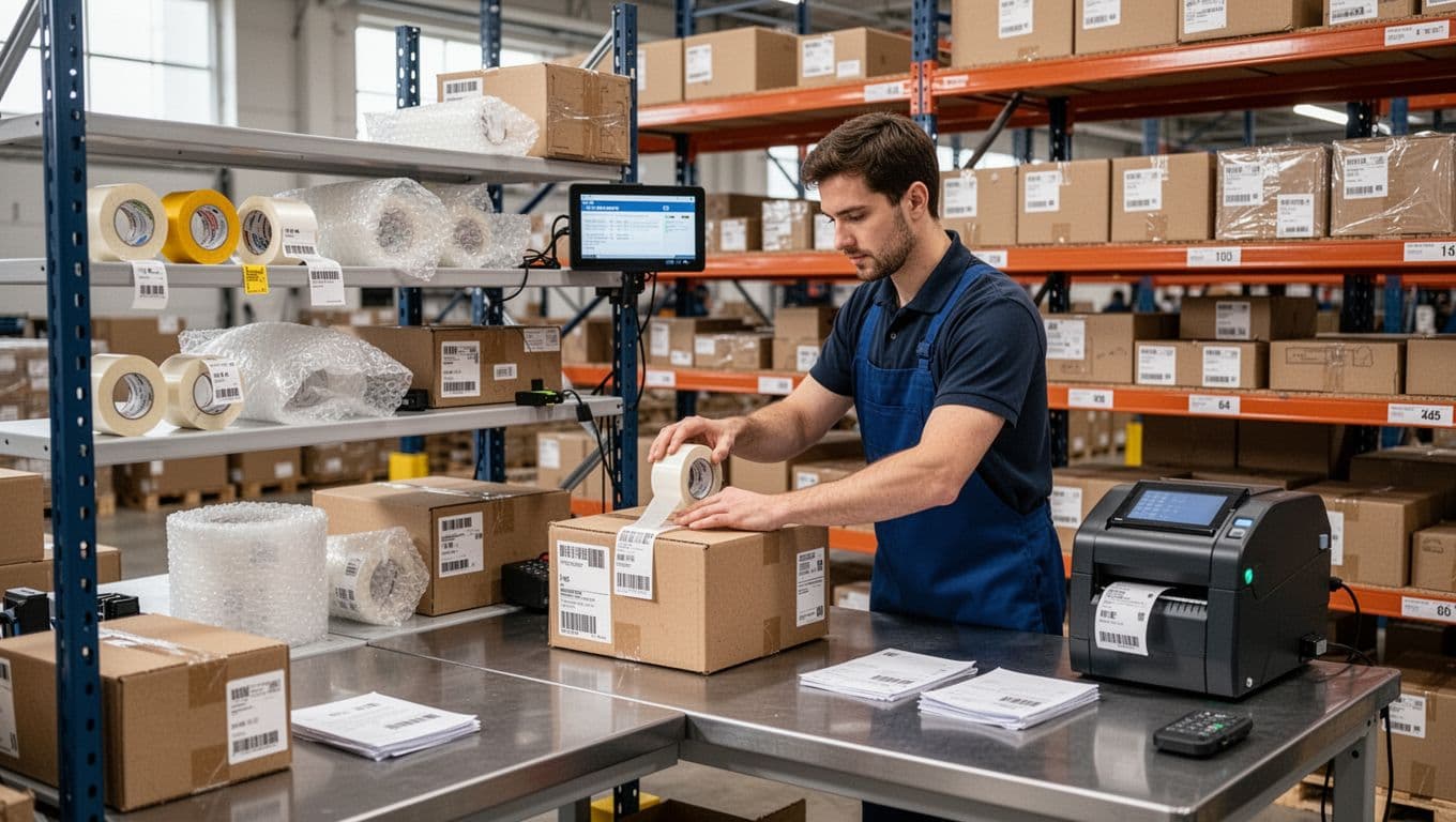 A single worker naturally seals a carton after scanning a barcode at an ergonomic packing station in a modern warehouse, with supplies like tape, bubble wrap, and labels on reachable shelves, label printer nearby, and ample counter space, lit by natural daylight in realistic photo style.