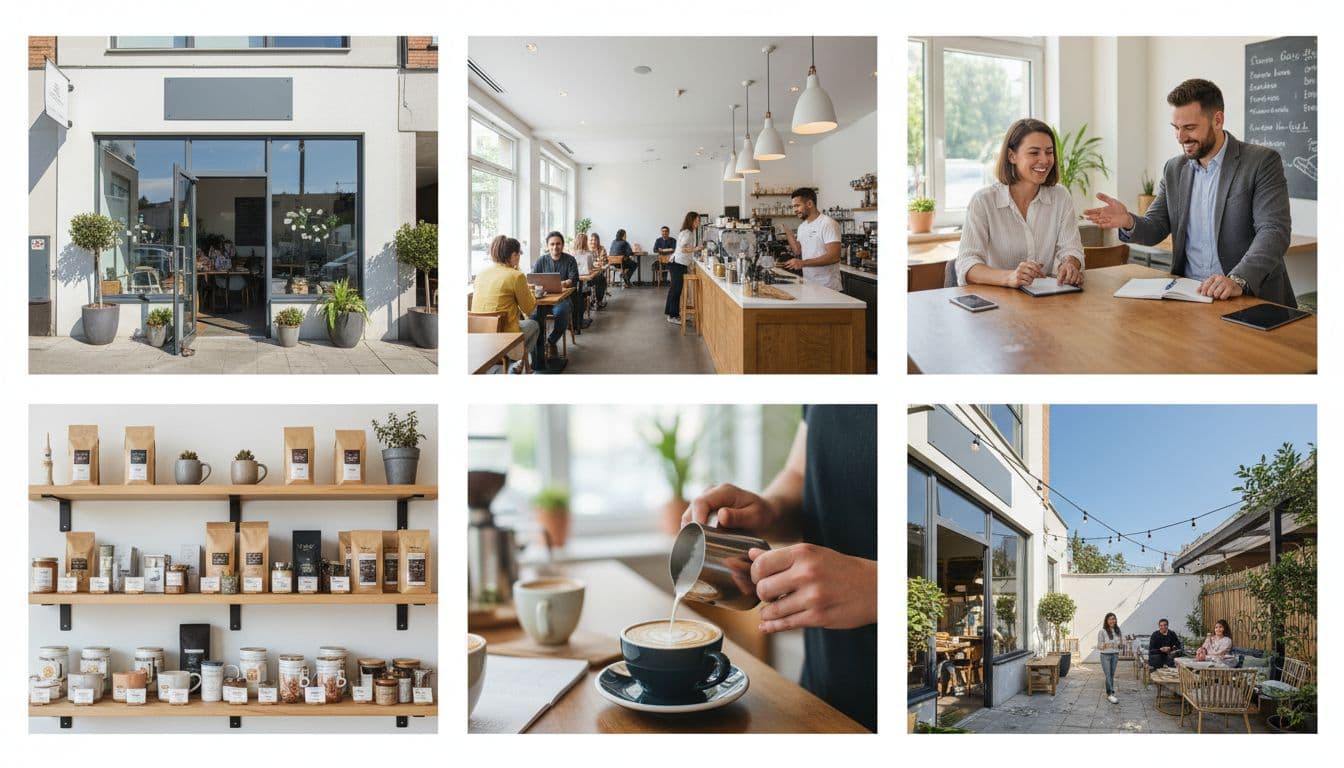 A clean grid showcasing variety of essential Google Business Profile photos: welcoming storefront exterior, bright interior with customers, happy team of two collaborating, and stocked product shelves. Photorealistic, professional quality images in landscape orientation to build trust and attract customers.