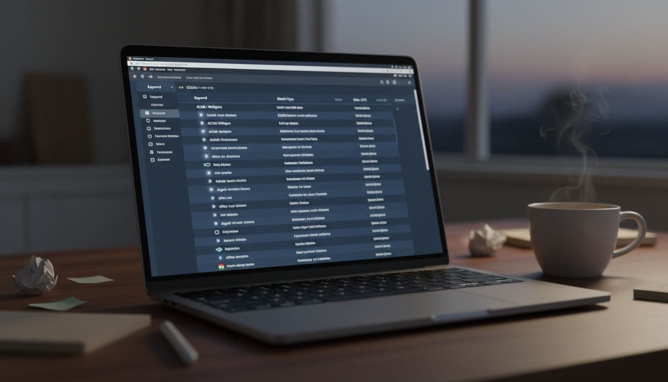 Close-up of a laptop screen displaying the Google Ads editor interface with a keyword list featuring ethically used competitor brands, surrounded by a coffee mug and notes in dim office lighting.