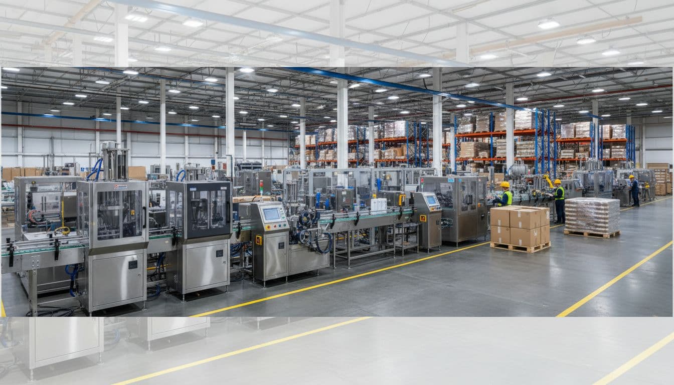 Realistic photograph of a high-end industrial packaging production line in a vast factory, with filling, labeling, and case packing machines operated by workers in safety gear amid machinery and pallets.