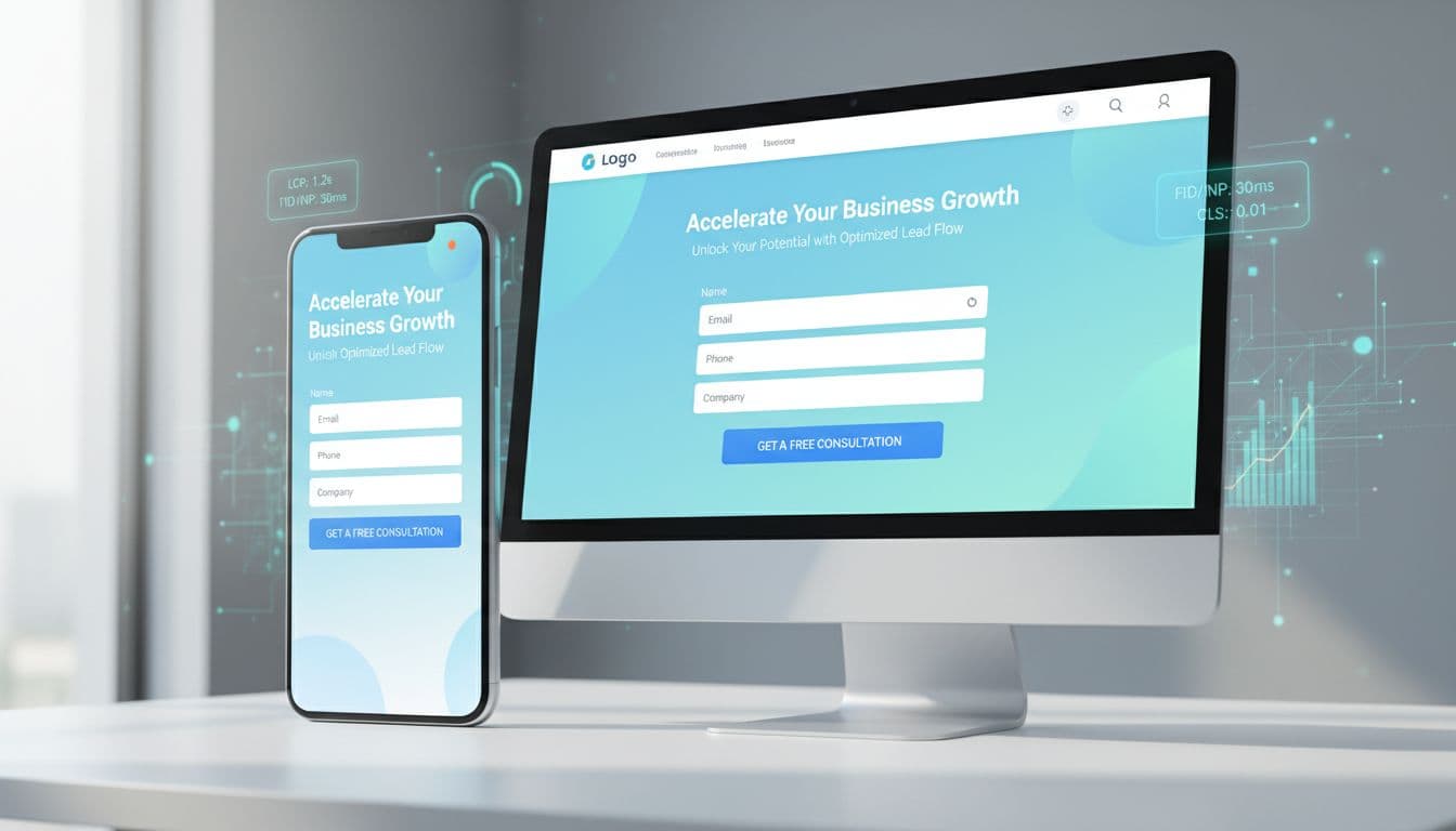 Side-by-side mobile and desktop views of a fast-loading lead generation landing page with prominent contact form, subtle Core Web Vitals metrics overlay, bright modern design, performance graphs in background, and realistic angled UI mockup.
