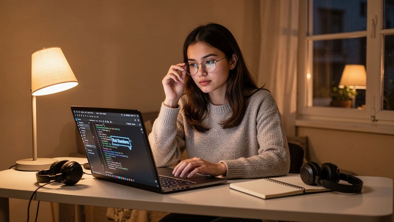 Photo-realistic image of a female content writer in her 20s at a simple desk in a cozy room, thoughtfully adjusting glasses while editing on a laptop with an open tool, headphones and notebook nearby, illuminated by warm lamp and window light.