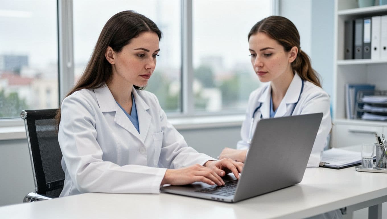 A female healthcare provider in a white coat sits concentrated at a modern clinic desk, typing on a laptop to create patient educational content, with a blurred window view in the clean office background.