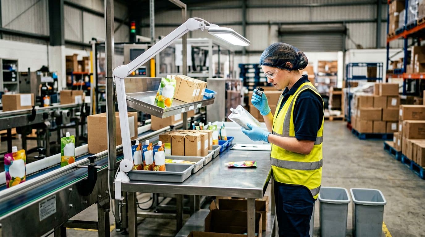 Photorealistic image of a quality control station in an FMCG co-packer warehouse, where one worker carefully inspects labeled pouches and cartons for errors on a clean bench next to the production line, with bright lighting and minimal empty waste bins.