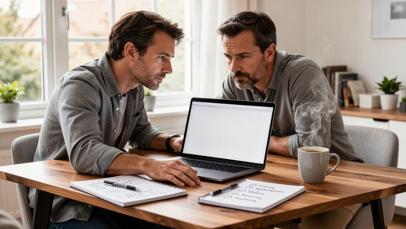 Photo-realistic image of a mid-30s professional content creator at a modern wooden desk in a bright home office, with open laptop, notepad, pen, steaming coffee mug, and natural daylight filtering through a large window.