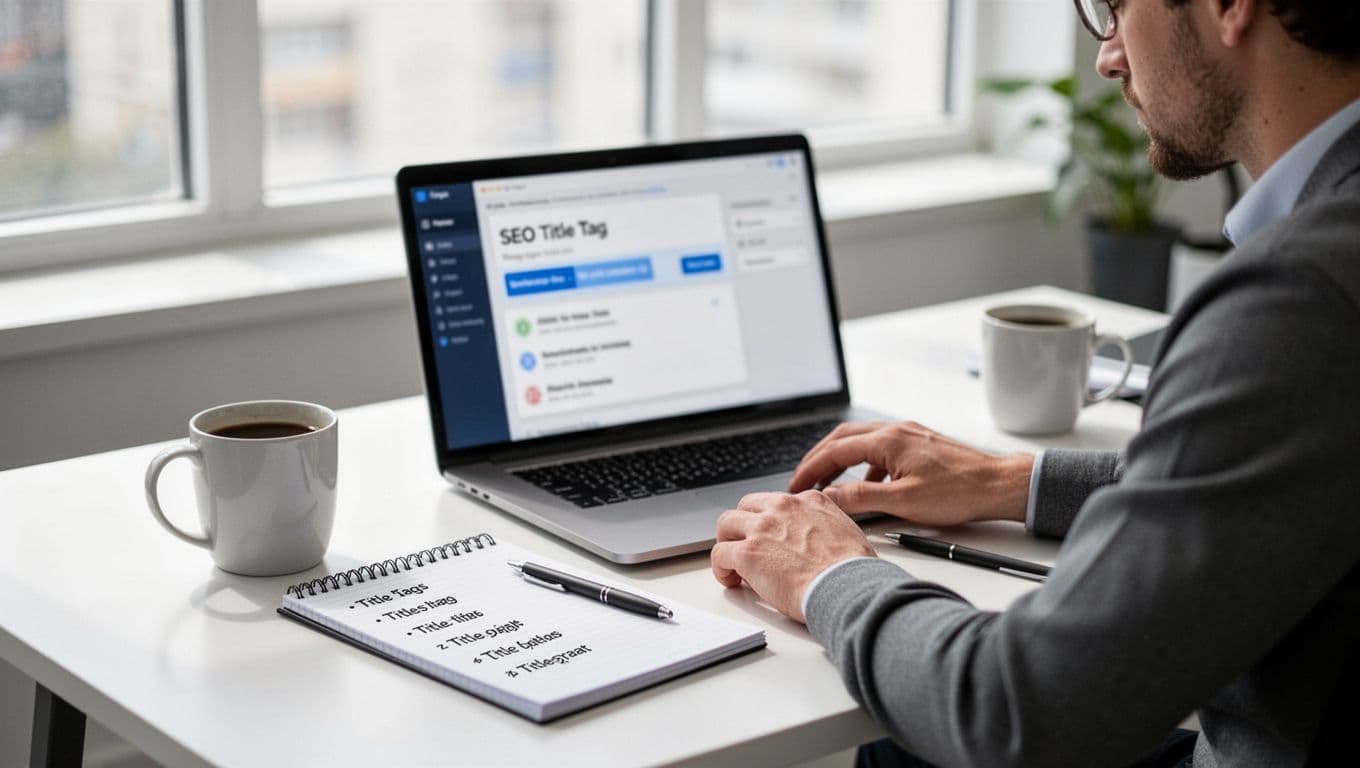 Photorealistic image of a focused digital marketer at a modern office desk with laptop showing blurred SEO title tag preview tool, notepad with title variations, coffee mug, and pen, illuminated by bright natural window light in a professional atmosphere.