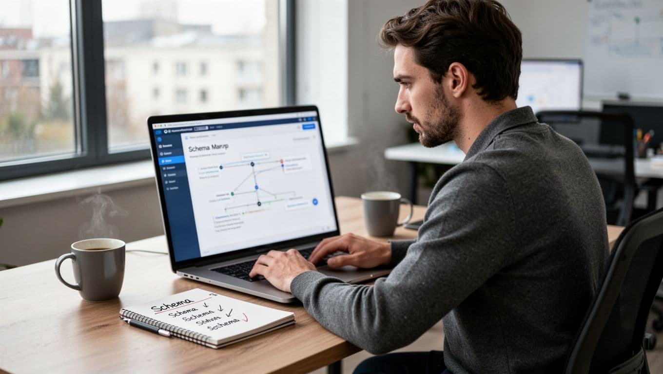Photorealistic image of a focused SEO specialist at a desk in a modern office, with a blurred laptop screen showing a schema markup testing tool, notepad with schema notes, and coffee mug nearby under natural window light.