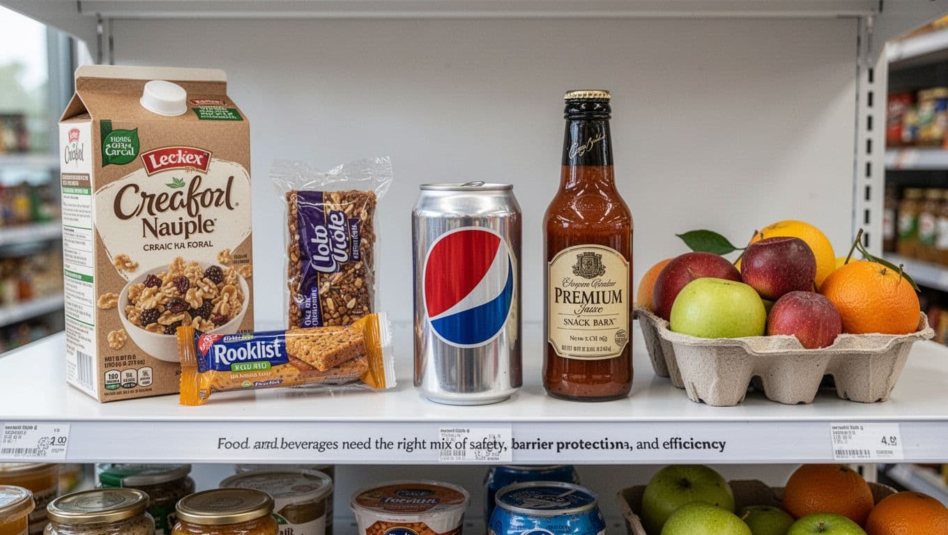 Assortment of common food and beverage packaging materials on a clean white grocery store shelf under natural daylight: paperboard cereal carton, plastic-wrapped snack bar, aluminum soda can, glass premium sauce bottle, and molded fiber fruit tray. Realistic product photography with exactly five items, no people, text, labels, or extra objects.