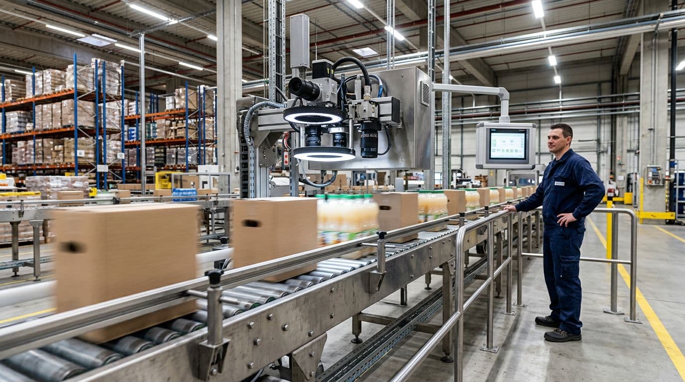 Photorealistic image of a warehouse food production line with a conveyor belt carrying cardboard cartons and plastic bottles, scanned by an overhead inline vision system for batch codes. One relaxed worker monitors the control screen under bright industrial lighting, with motion blur on the moving belt.