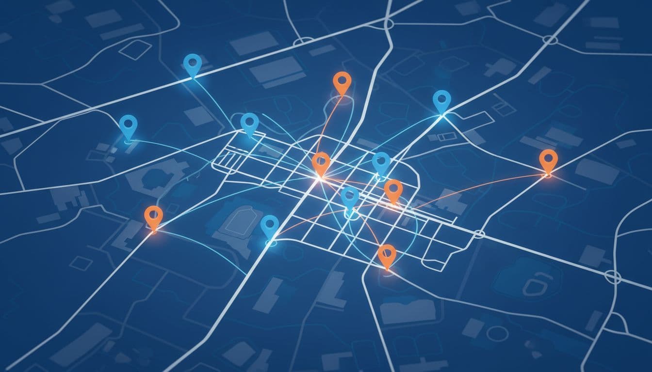 City map displays 12 glowing pins for franchise locations connected by lines showing local SEO signals.