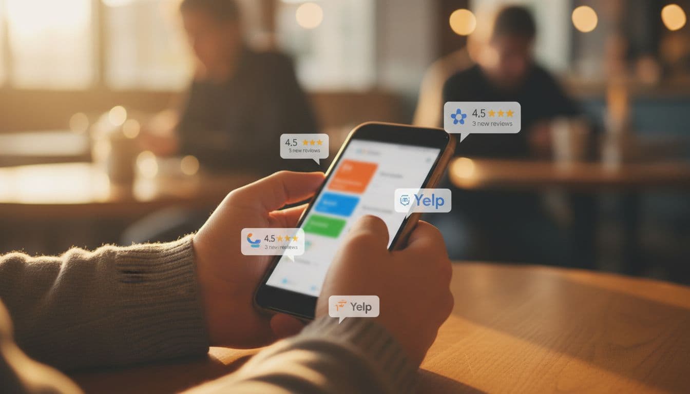 Hands hold phone showing blurred notifications from Google and Yelp for multiple stores on cafe table.