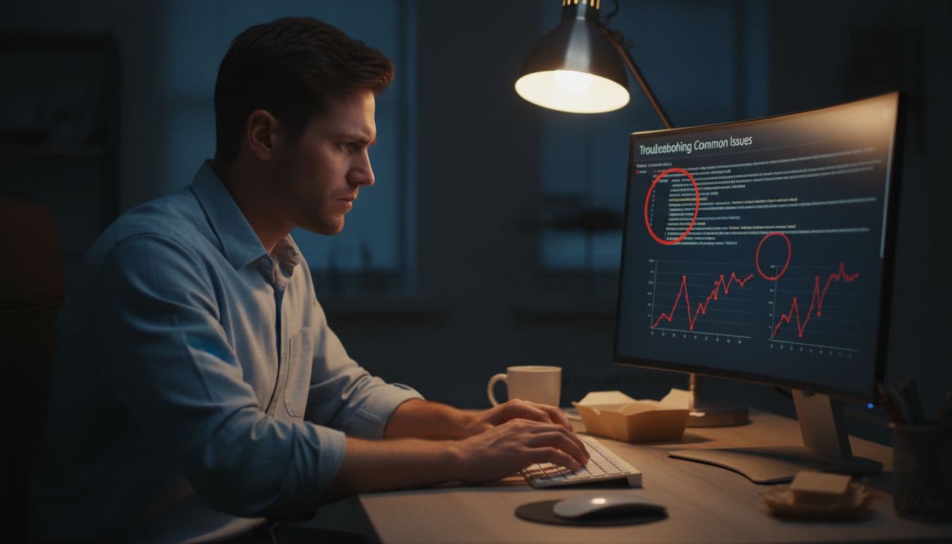 A frustrated analyst in a dimly lit late-evening office highlights error logs with red marks on a computer screen showing graphs of broken sessions, illustrating debugging cross-domain problems. Realistic scene with one person, relaxed hands on keyboard, and blurred screen details.