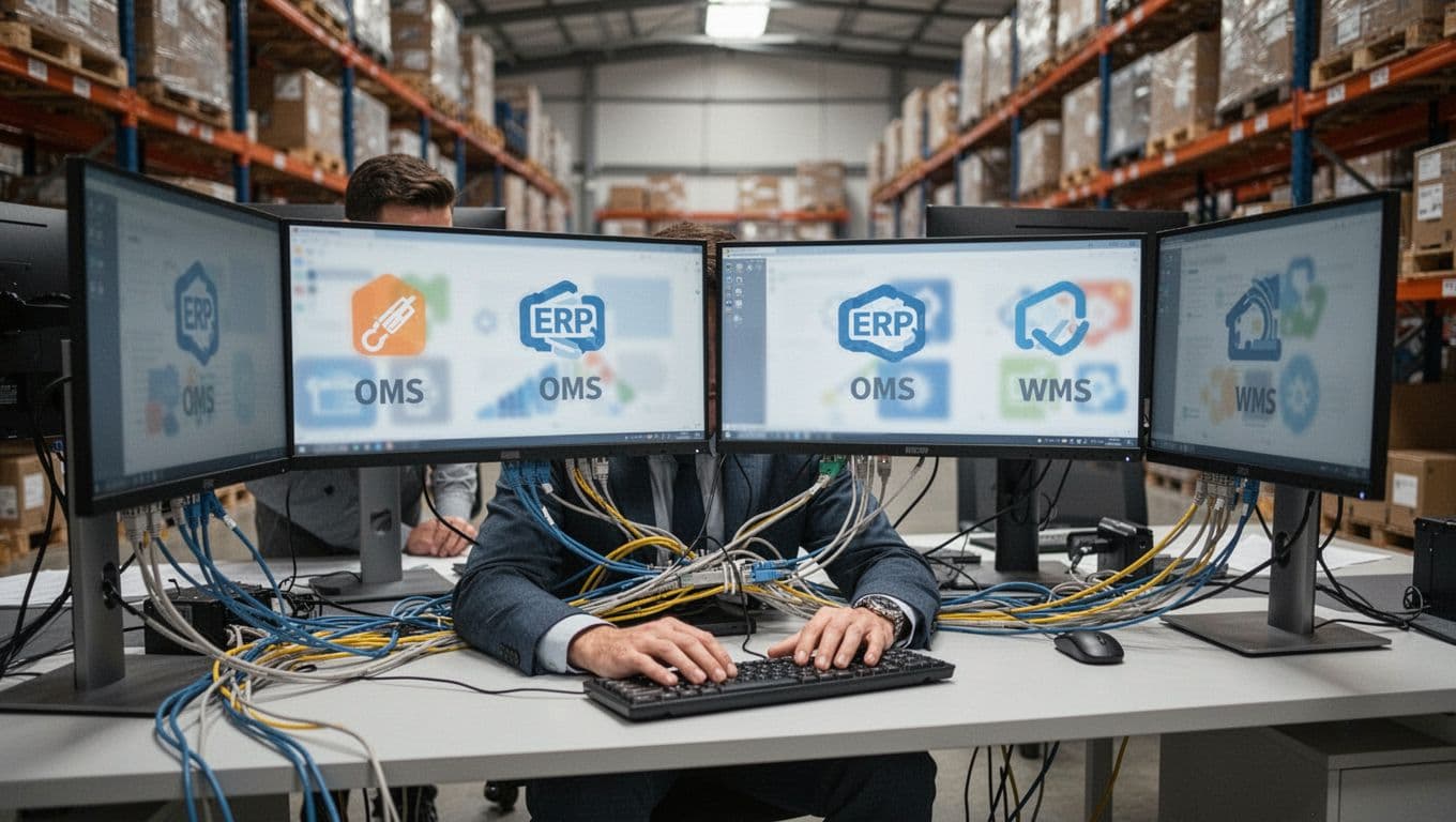 Frustrated IT manager sitting at desk in modern warehouse office with multiple computer screens showing blurred ERP, OMS, WMS icons and tangled ethernet cables. Photorealistic style, natural daylight lighting, landscape composition, exactly one person.