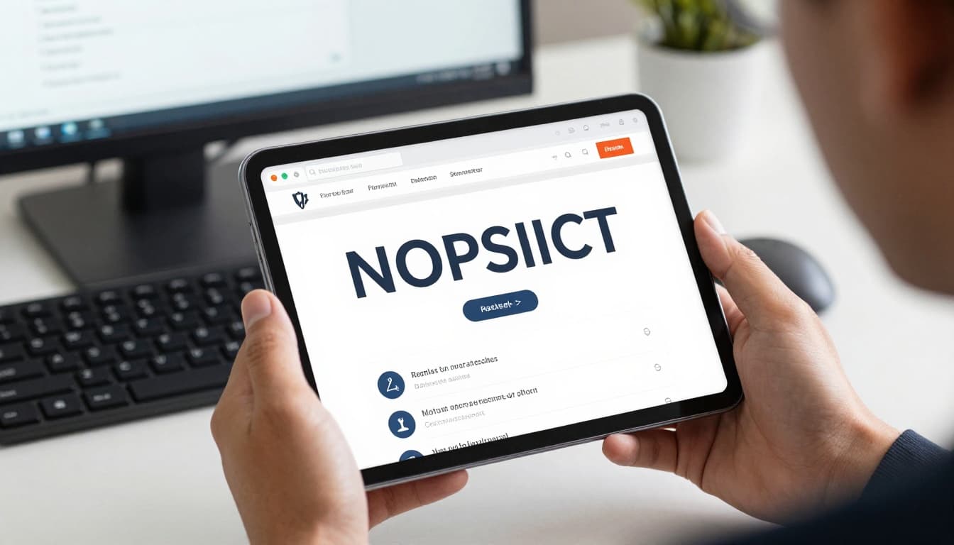 Photo-realistic depiction of a frustrated male marketer holding a mobile phone steadily in an office, surprised by shifting webpage elements, with keyboard on desk and natural indoor light.