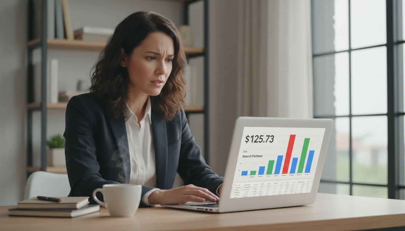 Frustrated business owner at desk views laptop with red-highlighted high CPA graph for Search Partners, coffee cup nearby in home office.