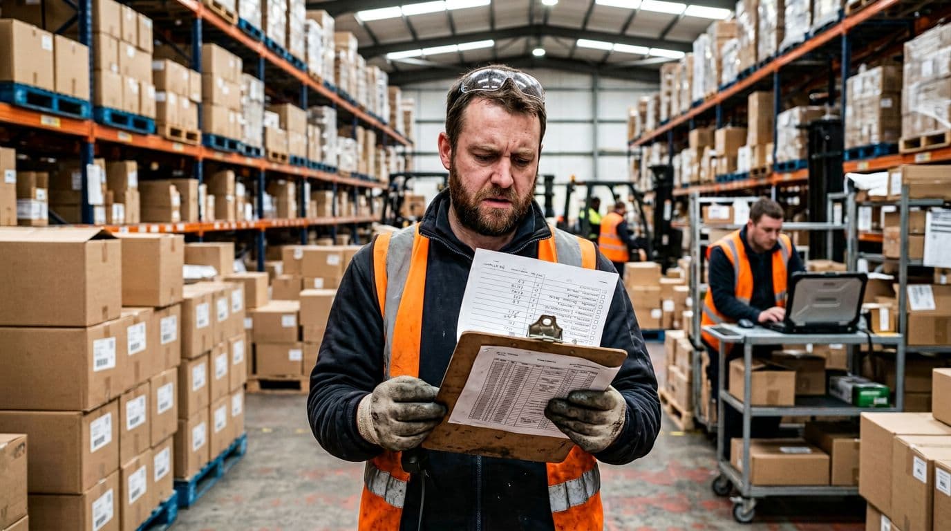 Photorealistic depiction of a busy warehouse floor where a frustrated worker holds a clipboard with spreadsheets and lists, a handheld barcode scanner nearby, shelves stocked with boxes, and another worker using a laptop in the background under natural lighting.