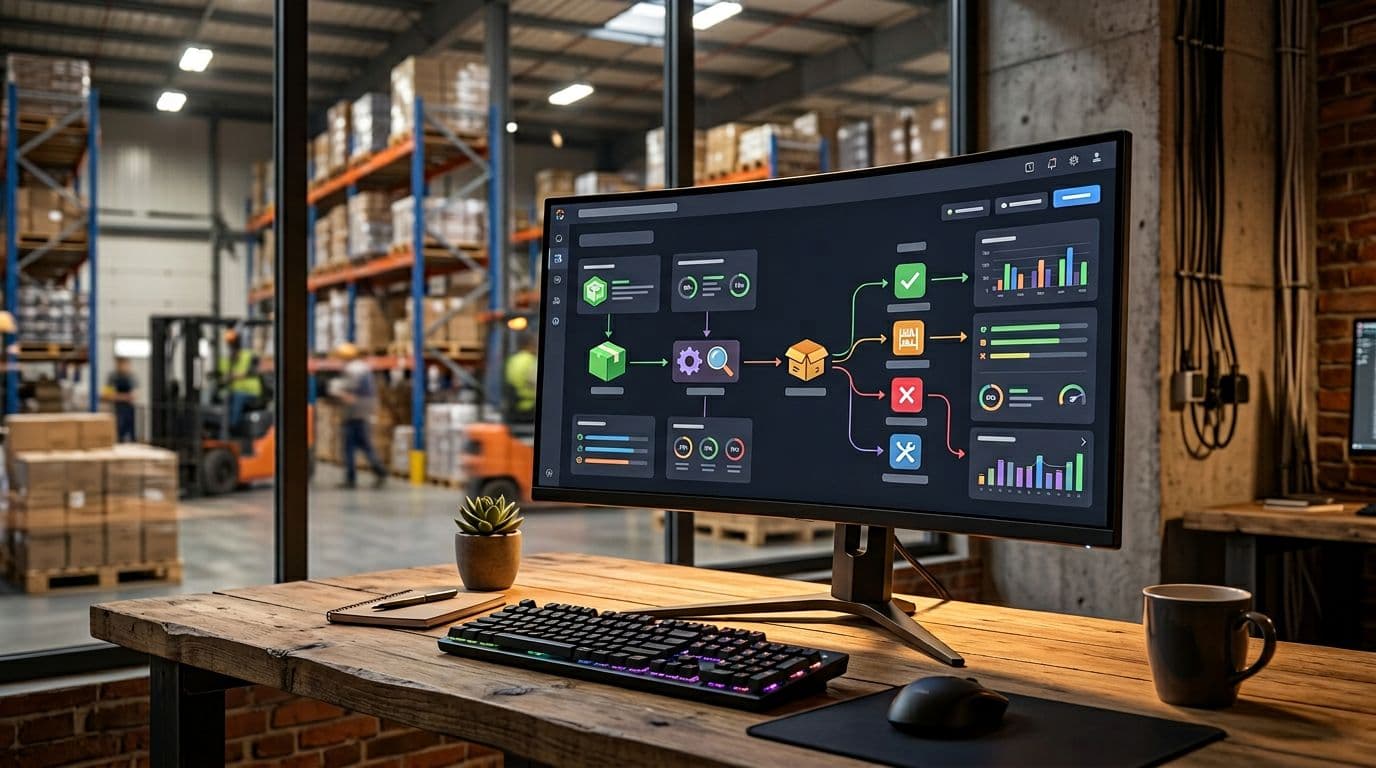 Photorealistic image of a fulfillment center software interface on a large monitor in a modern warehouse office, displaying abstract returns workflow icons from a side angle view with warm ambient lighting. The setup includes one monitor and keyboard, with no people, hands, readable text, or logos.