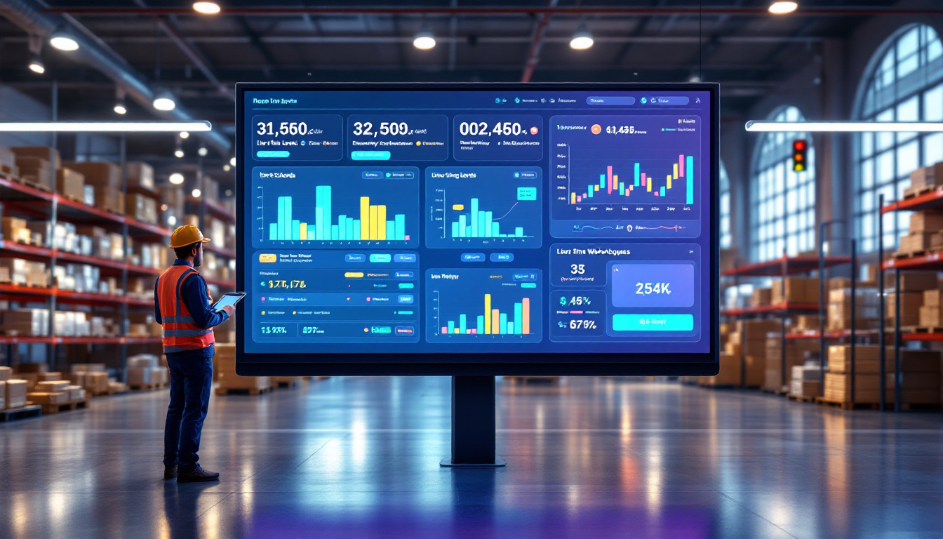 Futuristic real-time inventory dashboard displaying live stock levels across warehouses, worker holding a tablet. Image created with AI.