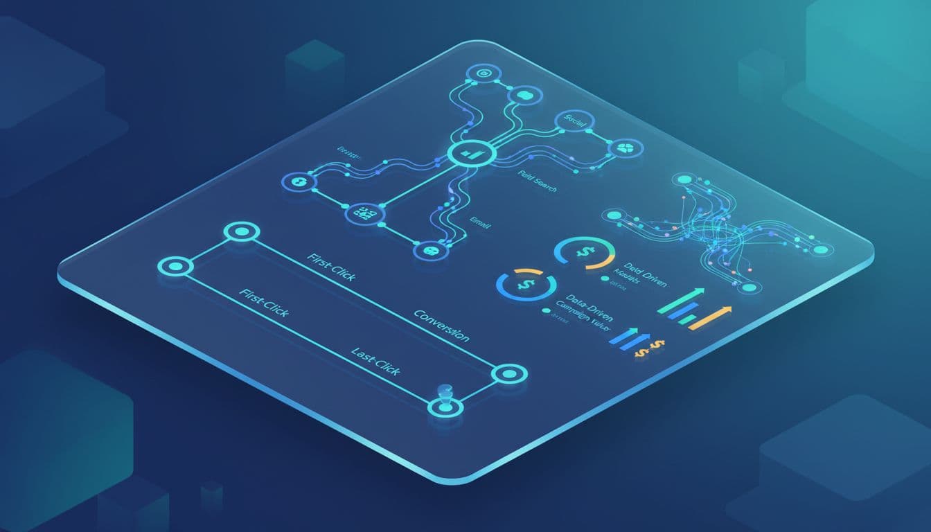 Isometric dashboard displays GA4 attribution paths including multi-touch, first-click, last-click, data-driven models with ROI metrics.