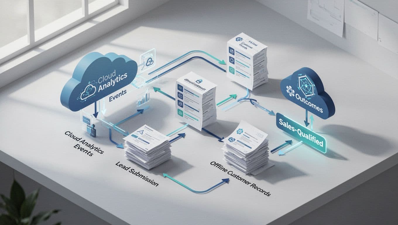 Isometric diagram joins GA4 BigQuery events with CRM conversions via enrichment arrows and funnel stages.