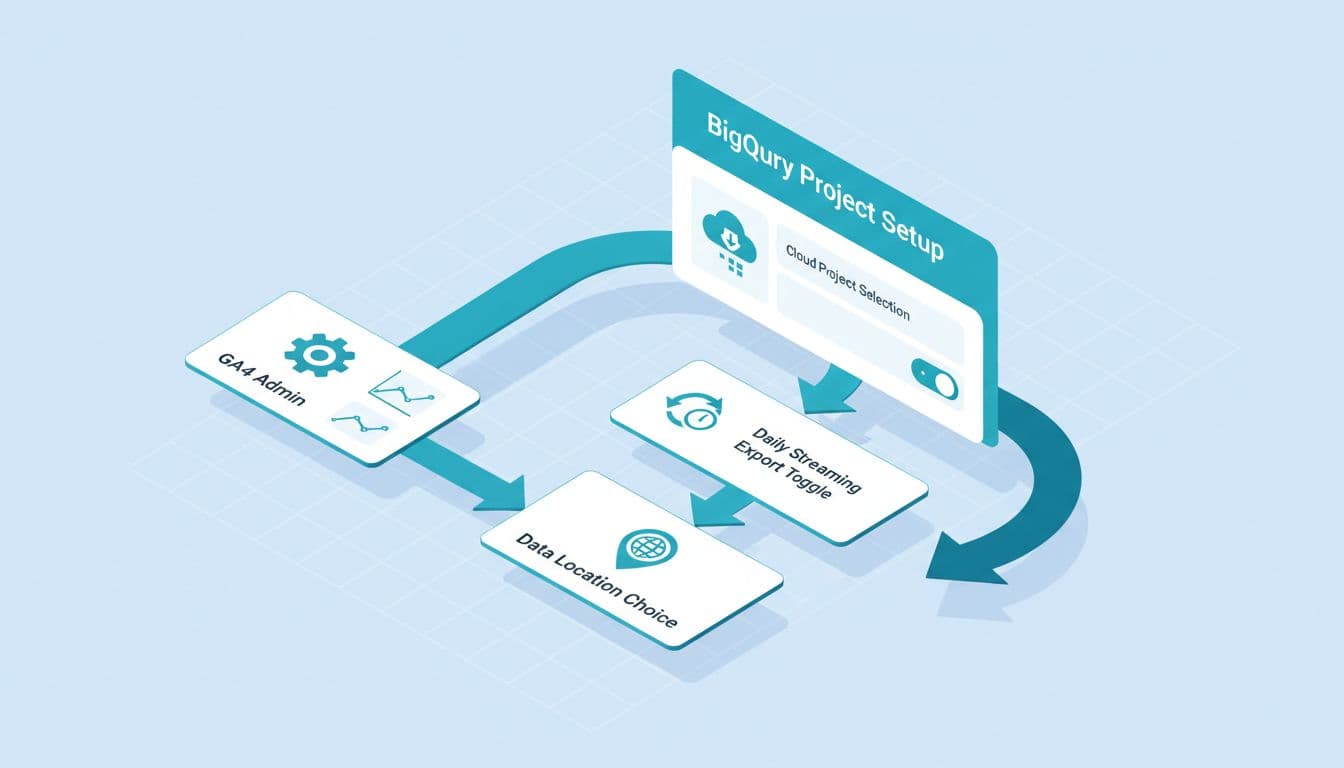 Isometric flat-design flow diagram of GA4 admin panel steps to link BigQuery: project selection, export toggle, data location in blue teal style.