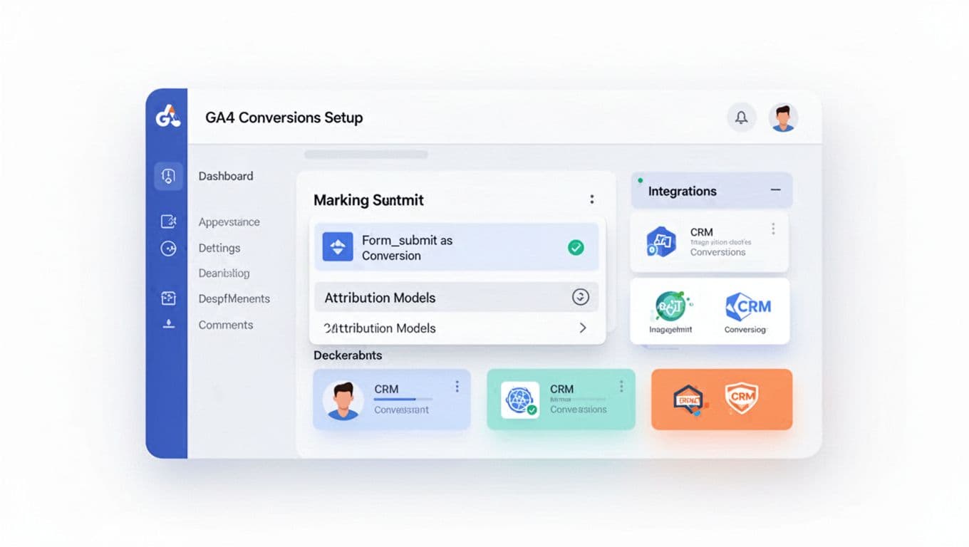 Illustration depicting GA4 conversions setup with form_submit marked as a conversion, attribution models dropdown, and CRM integrations icons on a minimalist dashboard view. Features flat 3D depth, soft gradients in blues, teals, and orange on a white background with crisp lines and ample whitespace.